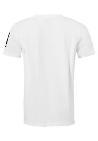 Witte katoenen t-shirt met een ronde hals, korte mouwen en een effen rug. Kenmerkt zich door een zwart logo op de linkermouw.