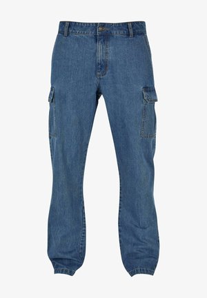 Modré denimové cargo kalhoty s bočními kapsami, volným střihem a knoflíkovým zapínáním v pase. Texturovaná tkanina s viditelným švem.