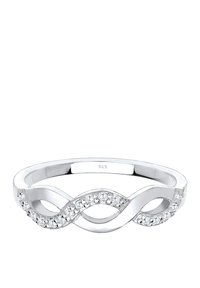 Sterling Silberring mit verwobenem Design, featuring klare Edelsteine, die entlang einer Seite eingearbeitet sind, polierte Oberfläche und schlanke Form.