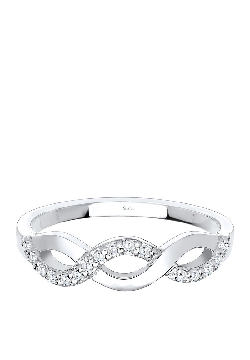 Sterling Silberring mit verwobenem Design, featuring klare Edelsteine, die entlang einer Seite eingearbeitet sind, polierte Oberfläche und schlanke Form.
