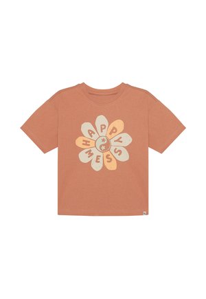 T-shirt met korte mouwen in roestkleur, met een bloemenafbeelding en de tekst "HAPPY MESS" in crème en oranje. Gemaakt van katoen, met een ontspannen pasvorm.