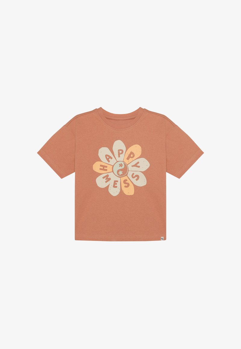 T-shirt à manches courtes de couleur rouille, avec un motif floral et les mots "HAPPY MESS" en crème et orange. Matière en coton, coupe décontractée.