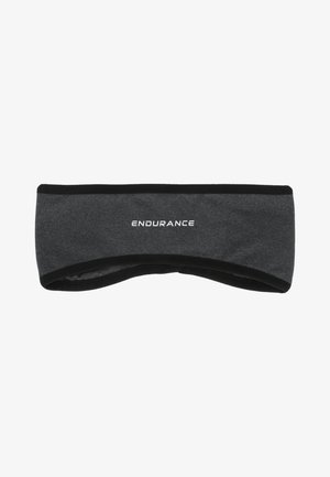 Grå stofhovedbånd med sort kant, prydet med ordet "ENDURANCE" i hvid. Blød tekstur, designet til at dække panden og ørerne.