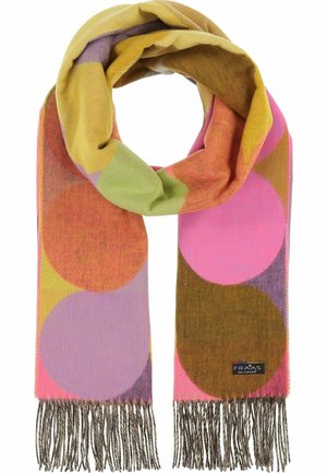Meerbare wollen sjaal met grote cirkels in roze, oranje, groen en paars, met franjes aan de uiteinden en een zwart merkmouwlabel.