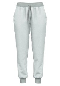 Pantaloni della tuta grigi chiari realizzati in un tessuto morbido, dotati di un elastico in vita con cordino e copriscarpe affusolati alle caviglie.