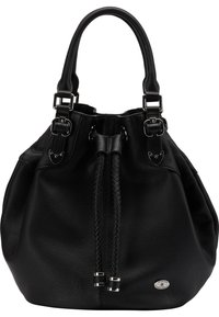 Sac à main en cuir noir avec un cordon de serrage tressé, deux poignées avec boucles et une petite plaque métallique ovale avec le logo.