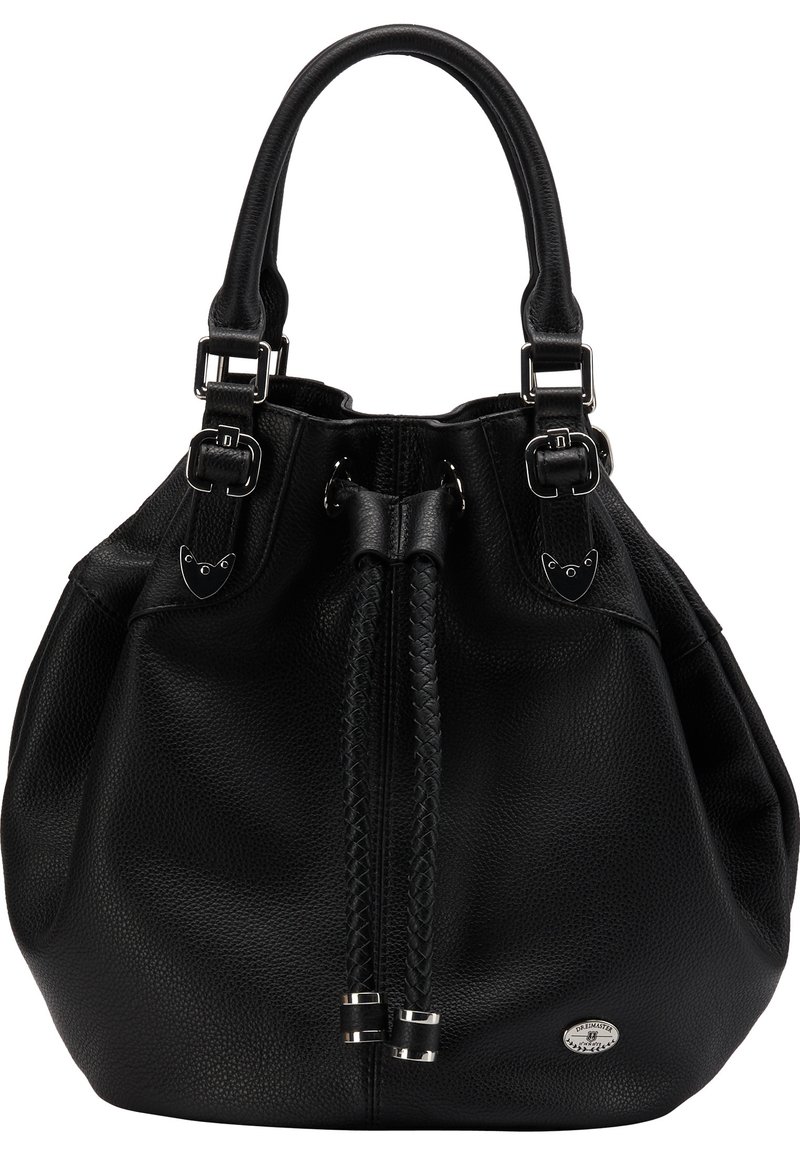 Sac à main en cuir noir avec un cordon de serrage tressé, deux poignées avec boucles et une petite plaque métallique ovale avec le logo.