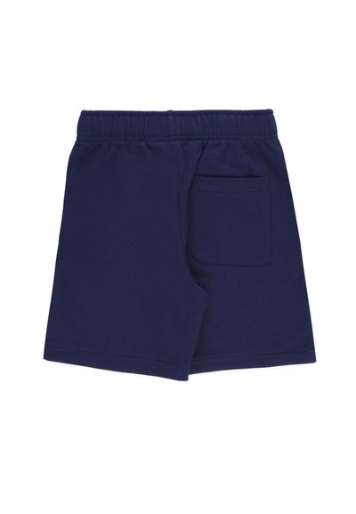 Pantaloni corti in cotone blu navy con vita elastica, dotati di una tasca posteriore e una vestibilità rilassata, progettati per il comfort e la facilità di movimento.
