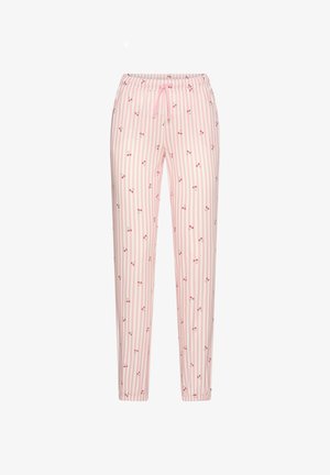 Rožinės ir baltos dryžuotos pižamos kelnės su mažais vyšnių raštais ir raišteliu juosmens srityje, siaurėjančiomis kojų apačiomis.