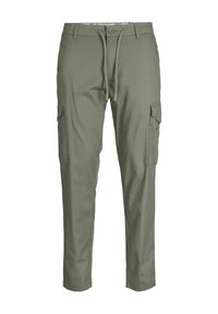 Olivgrüne Cargo-Hosen mit Kordelzugbund, seitlichen Taschen und lockerer Passform. Hergestellt aus leichtem, strapazierfähigem Material.