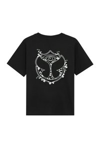 Zwart T-shirt met korte mouwen met een witte grafische afbeelding van een bloemenembleem met een oog, verfraaid met kleine florale details eromheen.