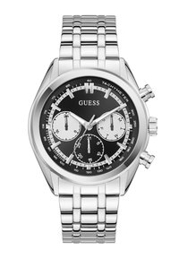 Montre Guess en métal argenté avec cadran noir, trois sous-cadrans pour l'heure sur 24 heures, le jour et les secondes, et une échelle tachymétrique sur la lunette.