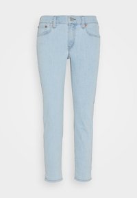 Light blue jeans with a slim fit, made of denim. Features a button closure, belt loops, and five-pocket design. Smooth texture.