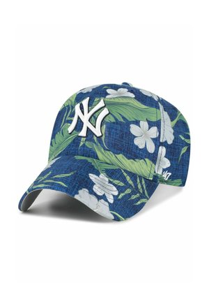 Blaues Baseballcap mit Muster aus weißen Blumen und grünen Blättern, vorne mit weiß gesticktem "NY"-Logo.