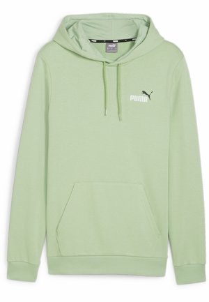 Sudadera verde claro con bolsillo frontal, capucha con cordón y logo negro de Puma en el pecho. Fabricada en un tejido suave y texturizado.