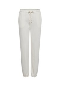 Weiße Sweatpants mit einem elastischen Bund und verstellbarem Kordelzug, ausgestattet mit Seitentaschen und schmal zulaufenden Bündchen. Weicher, glatter Stoff.