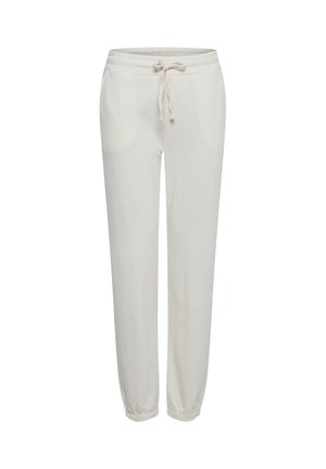 Un pantalon de survêtement blanc avec une taille élastique et un cordon de serrage ajustable, doté de poches latérales et de poignets fuselés. Tissu doux et lisse.