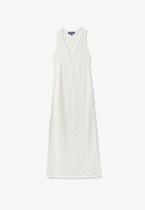 Vestido largo de punto blanco sin mangas con escote en V y patrón de punto trenzado texturizado, con etiqueta OVS en el escote.