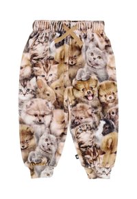 Pantaloni sportivi in fleece con stampa all-over di vari gattini e cuccioli, vita elasticizzata e cordoncino a contrasto in beige.