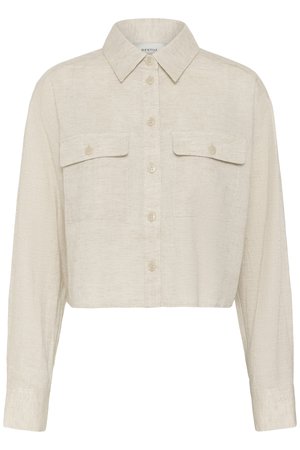 Μπεζ cropped πουκάμισο με μακριά μανίκια, γιακά, κουμπιά στο μπροστινό μέρος και δύο τσέπες στο στήθος με καπάκι και κουμπί.