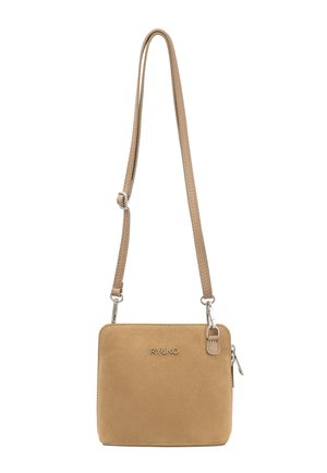 Small rectangular tan suede crossbody bag with adjustable strap, silver zipper on side, and metal RYŁKO logo on front.