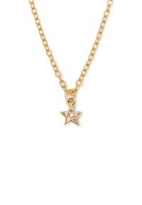 Goldkette mit einem kleinen Sternanhänger, der mit Kristallakzenten verziert ist. Glatte Metalloberfläche, glänzende Verarbeitung. Einfaches und elegantes Design.