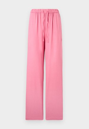 Pantalon rose à jambes larges avec taille élastique et cordon, en tissu doux, présenté sur un fond clair uni.