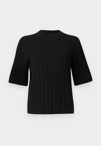 Pull court noir en tricot à manches courtes avec un design côtelé, un col rond et un tissu texturé. Coupe ample et droite.