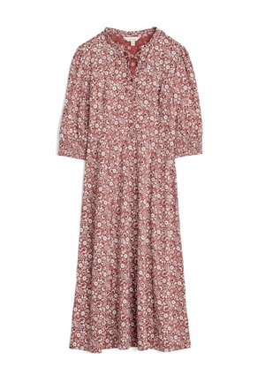 Long, floral dress in a rust color with white and green flower patterns. Features a collared neckline and three-quarter sleeves.