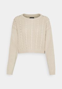 Pull beige raccourci avec un col rond, présentant un tricot torsadé texturé et des accents côtelés sur les manches et l'ourlet. Matière en tricot douce.