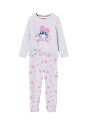 Pyjama enfant gris clair à manches longues, avec un personnage de dessin animé bleu, un cœur rose et des motifs de cœurs roses sur le pantalon.