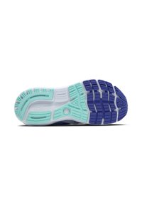 Hardloopschoen zool met paarse rubberen grippatronen, mintgroene accenten en een witte tussenzool. Beschikt over groeven voor flexibiliteit en grip.