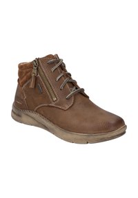 Bottines en cuir marron avec une finition texturée, à lacets à l'avant et fermeture éclair sur le côté. Elles disposent d'une semelle en caoutchouc contrastante et de détails de couture.
