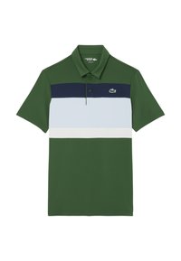 Grön polo t-shirt med krage, prydd med horisontella ränder i marinblått, ljusblått och vitt, tillverkad av ett slätt tyg med en logotyp.