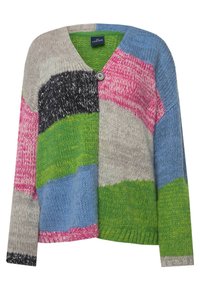 Monivärinen neuleliivi, jossa on V-kaula-aukko, rakenteellinen malli, ja jossa on vaaleanpunaisia, vihreitä, sinisiä, harmaita ja mustia kohtia, nappikiinnitys edessä.