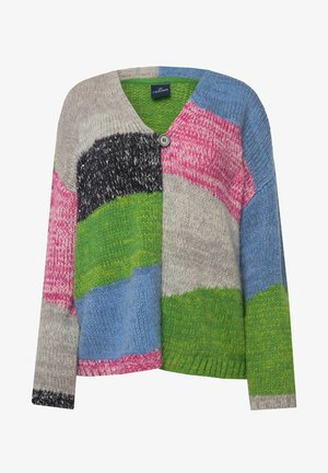 Mehrfarbiger Strickcardigan mit V-Ausschnitt und strukturiertem Schnitt, mit Patches in Pink, Grün, Blau, Grau und Schwarz, Knopfverschluss an der Vorderseite.