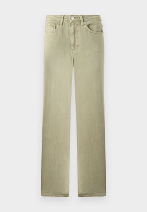 Blugi bej cu croială dreptă, cu buzunare în față și în spate, închidere cu nasture și fermoar, expuși pe un fundal alb.