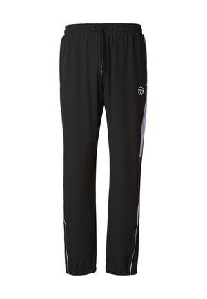 Pantaloni atletici neri con vita elastica, coulisse, pannelli laterali azzurri chiari, piping bianco e piccolo logo bianco sulla coscia destra.