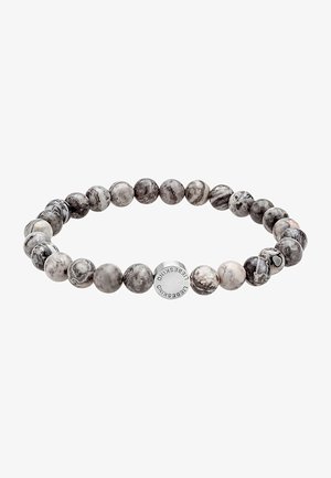 Des perles rondes en pierre marbrée grise et blanche forment un bracelet extensible avec une petite perle en argent gravée de "LIFESKIND."