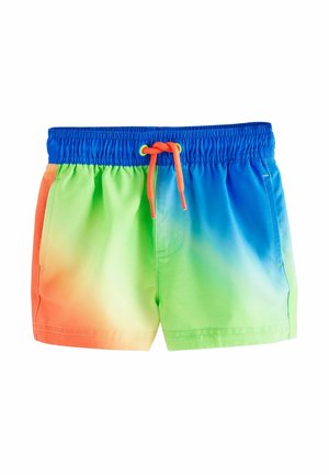 Farbige Badeshorts mit einem elastischen Bund und einer orangenen Kordel, die in einem verlaufsdesign von Orange über Grün nach Blau übergehen.
