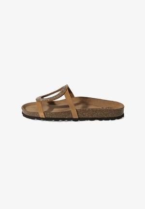 Brown cork sole sandal with suede straps, featuring a circular glittery embellishment on the top strap.