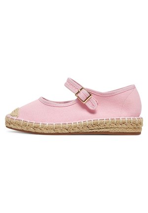 Pink canvas espadrille with an open toe, ankle strap, and a jute rope sole. Features a stitched edging and textured fabric.