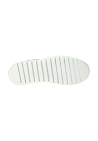 White rubber shoe sole with horizontal grooves and vertical ridges for traction. Rounded toe and smooth finish on underside.