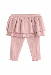 Rosa tvådelad outfit med texturerade leggings och en lager-på-lager, volangkjol. Tyget har en skrynklig yta med scallopade kanter.