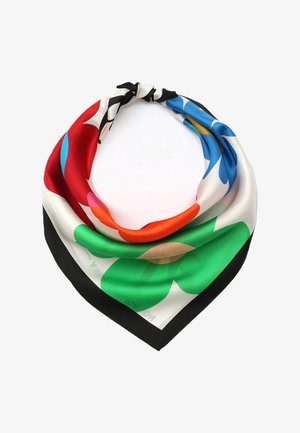 Silkkihuivi, monivärinen kukkakuvio, jossa on punaista, sinistä, vihreää ja oranssia valkoisella taustalla, mustalla reunuksella. Korkea kiiltävä pinta.