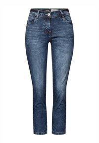 Denimjeans i en mörkblå tvätt med slim fit, med fem fickor, kontrastsömmar och knäppning i midjan.