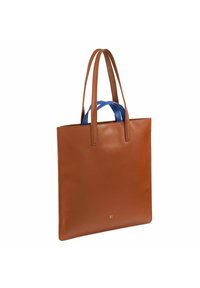 Borsa tote in pelle marrone con doppi manici, caratterizzata da un manico azzurro in contrasto. Design piatto, texture liscia, dettaglio di branding minimale sulla parte frontale.