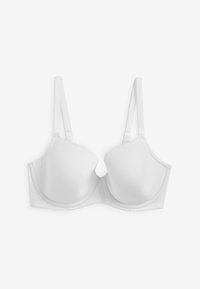 Reggiseno bianco con ferretto, coppe sagomate e spalline regolabili su sfondo semplice.