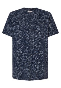 Navy blue short-sleeve t-shirt with a floral pattern in light blue and white. Made from soft cotton, featuring a round neckline and relaxed fit.