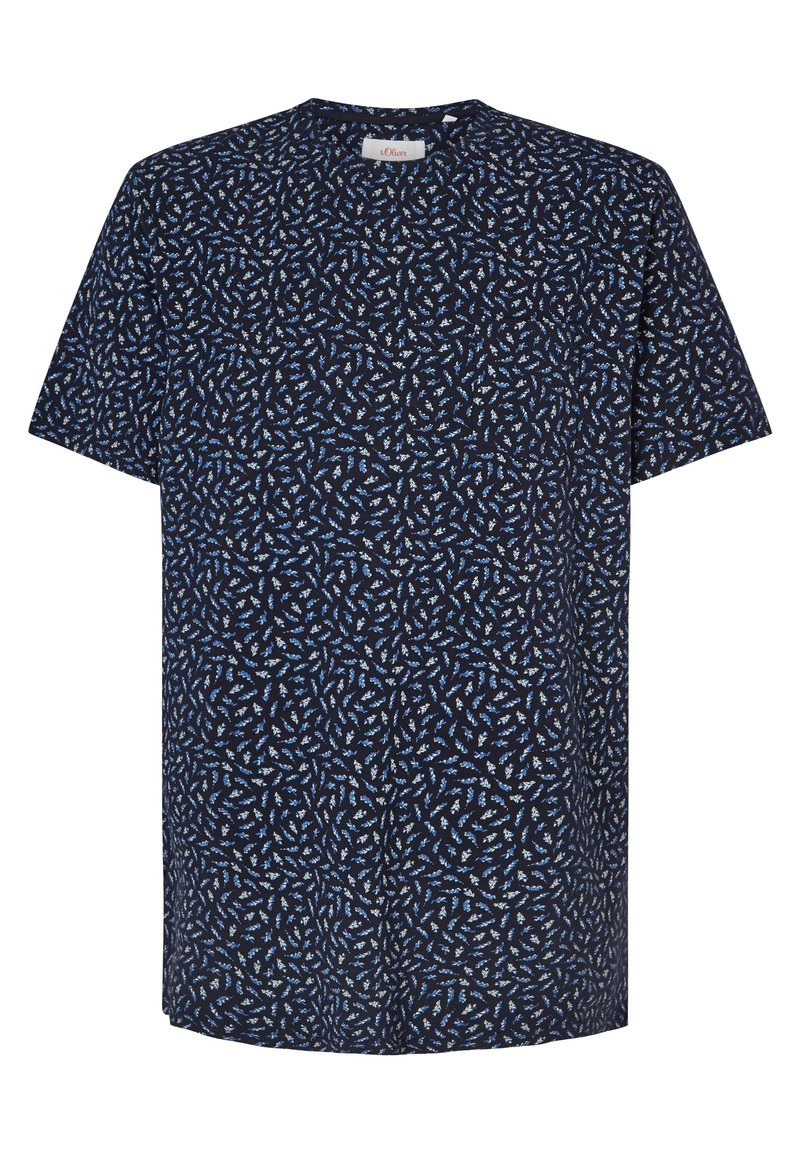 Navy blue short-sleeve t-shirt with a floral pattern in light blue and white. Made from soft cotton, featuring a round neckline and relaxed fit.